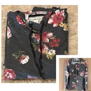 Gray Floral Print Cotton Tee Pullover Hoodie Top